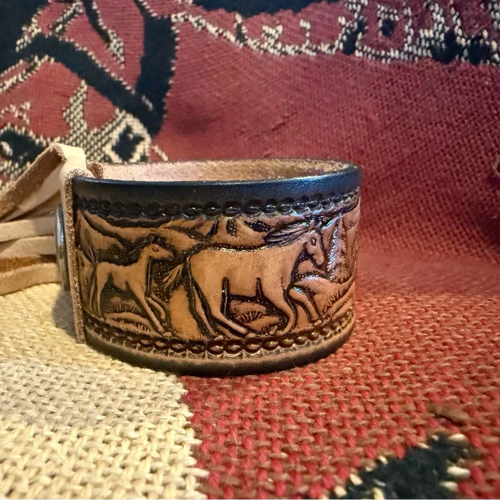 Upcycled Western Leather Horse belt Cuff with Fringe